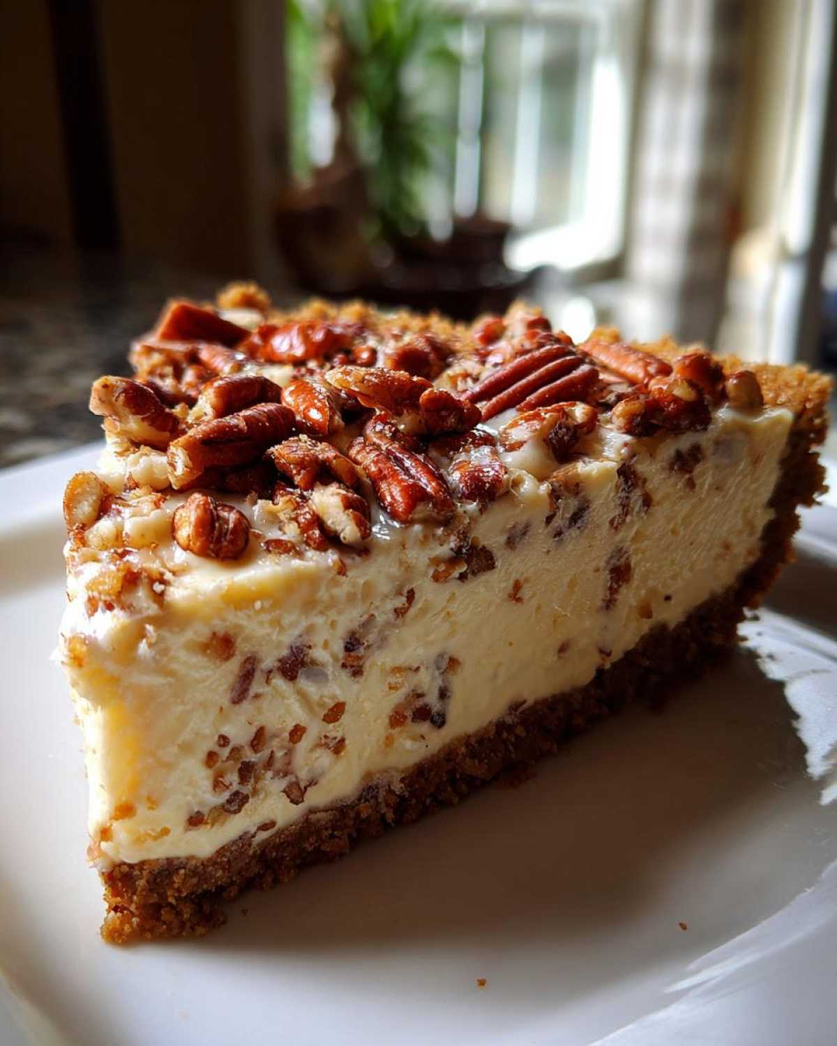 A close-up slice of creamy Million Dollar Pie with a graham cracker crust and topped generously with glazed pecans.