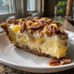 A close-up slice of creamy Million Dollar Pie featuring a graham cracker crust, pineapple chunks, and a pecan topping.