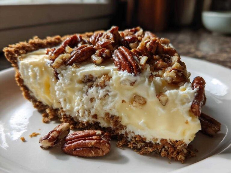 A close-up slice of rich, creamy Million Dollar Pie with a graham cracker crust topped generously with toasted pecans.