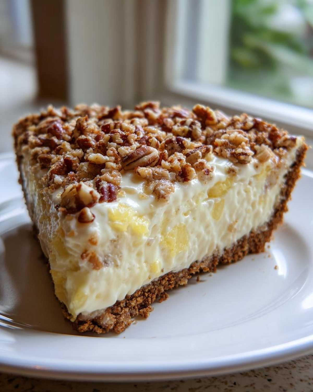 A generous slice of rich Million Dollar Pie featuring a creamy filling with pineapple chunks, a graham cracker crust, and a pecan topping.