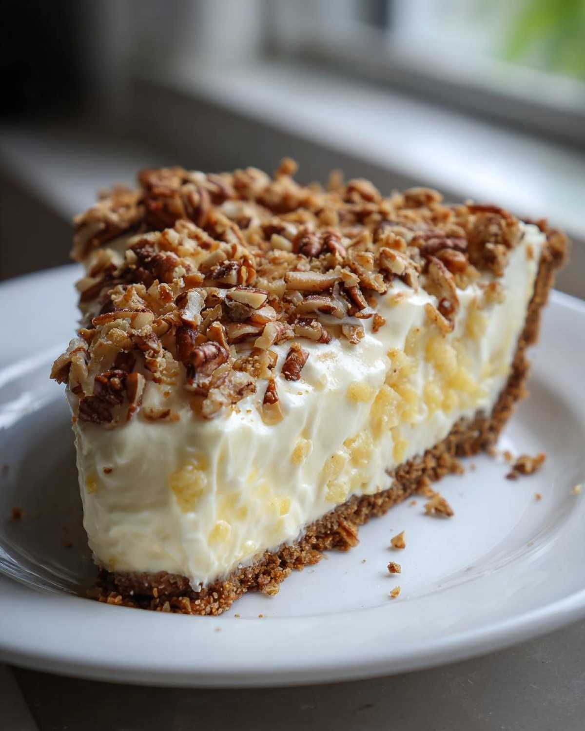 A thick slice of creamy Million Dollar Pie with a graham cracker crust and chopped pecans on top.