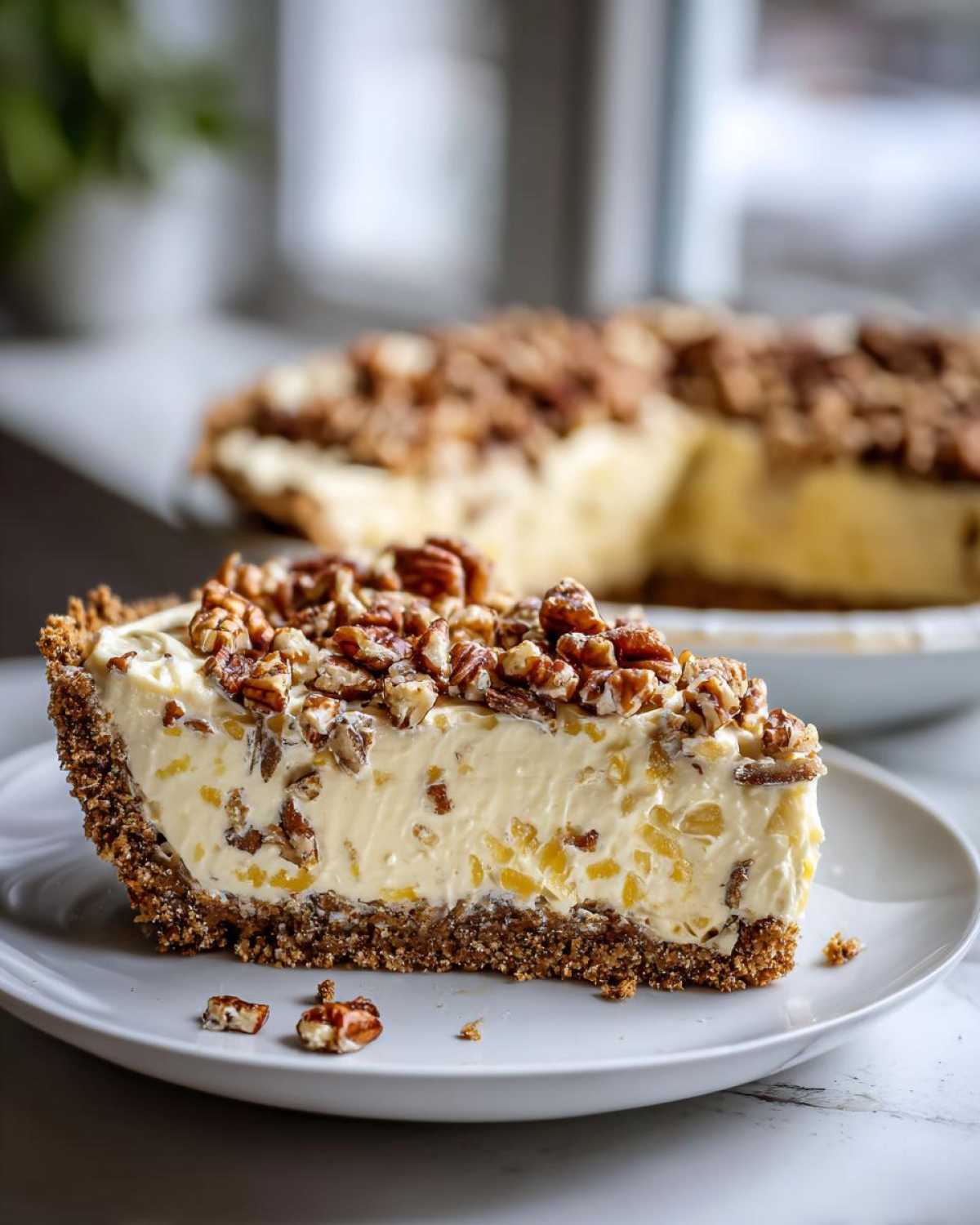 A thick slice of creamy Million Dollar Pie with a graham cracker crust, topped generously with chopped pecans.