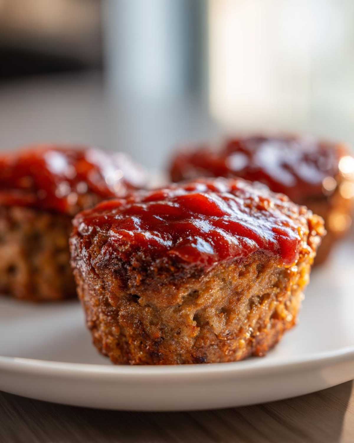 A close-up of a perfectly baked mini meatloaf topped with a thick, shiny ketchup glaze.