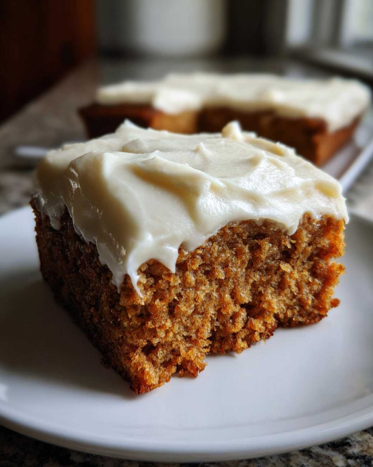 Close-up of a moist slice of applesauce cake topped with thick, creamy white frosting on a white plate.