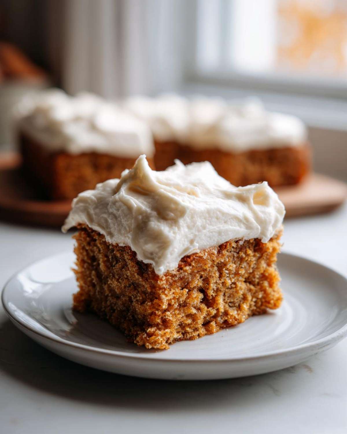Close-up of a square slice of moist applesauce cake topped with thick, white cream cheese frosting.
