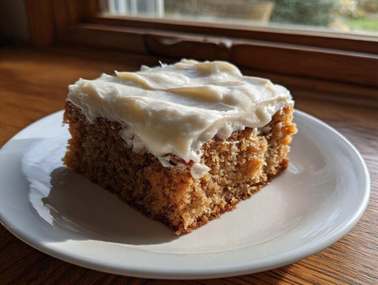 A square slice of moist applesauce cake topped with thick, white cream cheese frosting, sitting on a white plate.