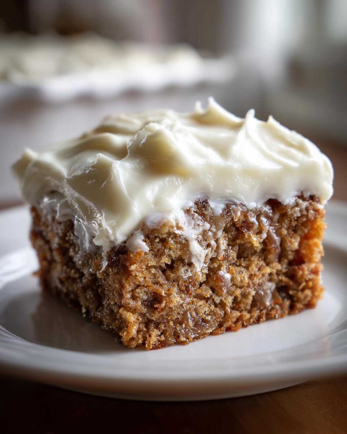 A close-up of a square slice of moist applesauce cake topped with thick, white cream cheese frosting.