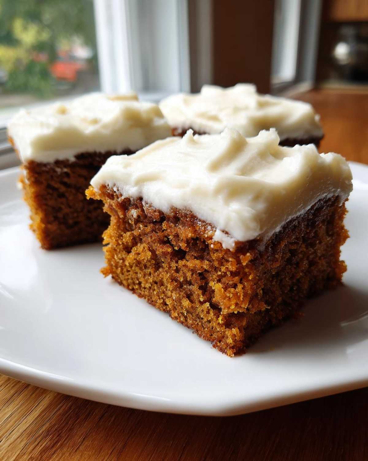 Three moist slices of applesauce cake topped with thick, white cream cheese frosting on a white plate.
