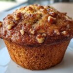 Close-up of a perfectly baked banana nut muffin with a shiny, glazed top sprinkled with chopped pecans.