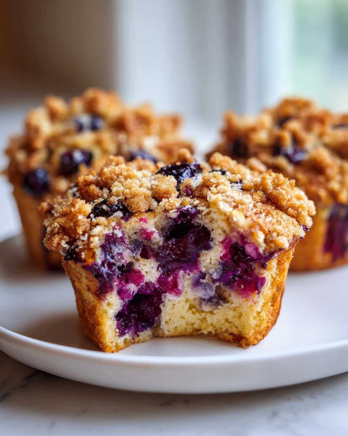 Close-up of a moist blueberry muffin cut in half showing juicy berries and crumb topping.