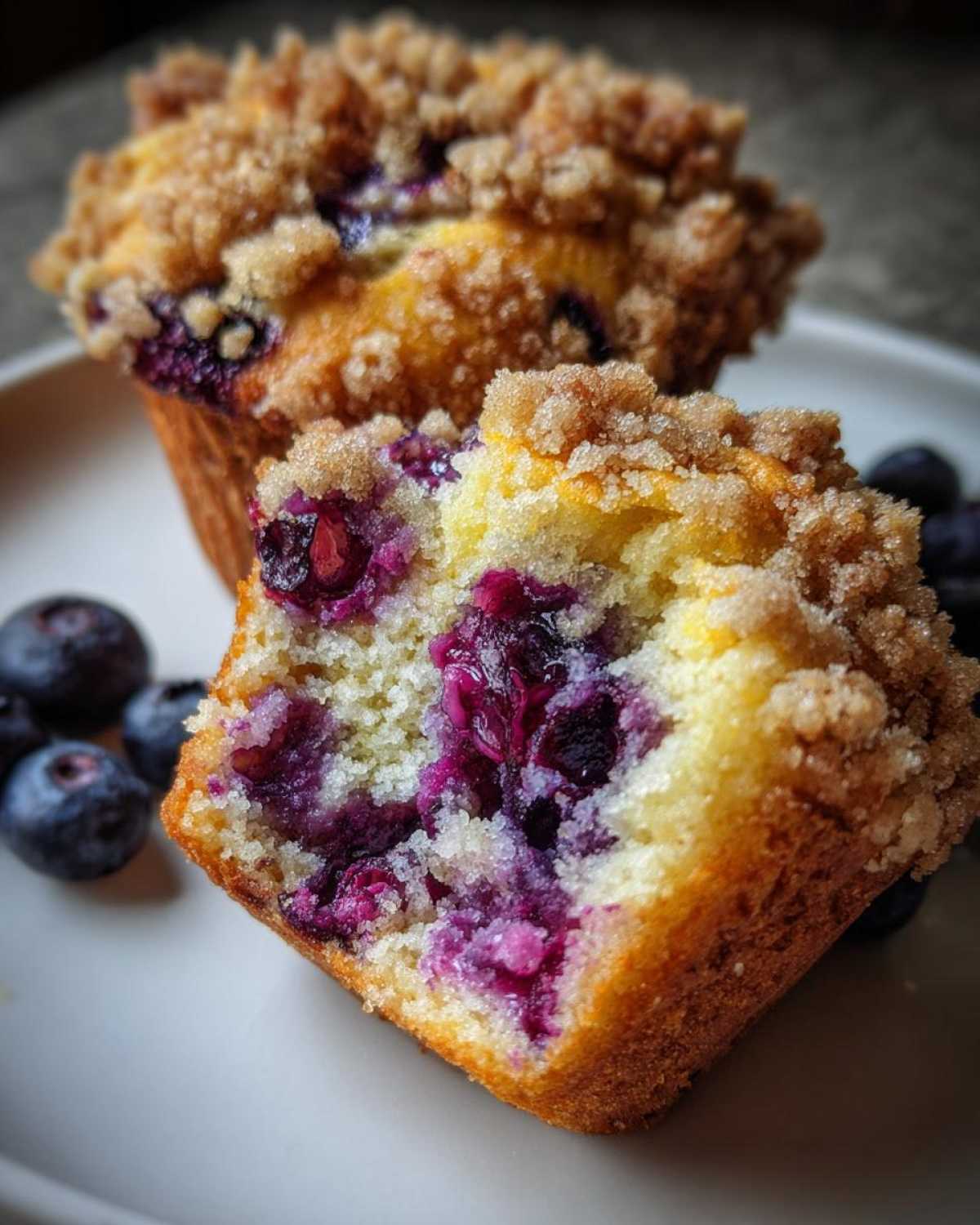 Close-up of a moist blueberry muffin cut in half showing purple berries and a sugary crumb topping.
