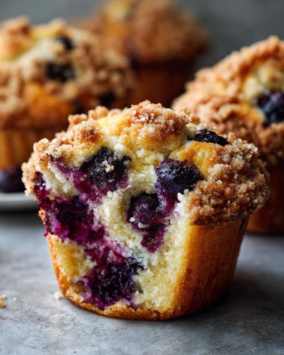 Close-up of a moist blueberry muffin cut in half, showing bursting blueberries and a sugary crumb topping.