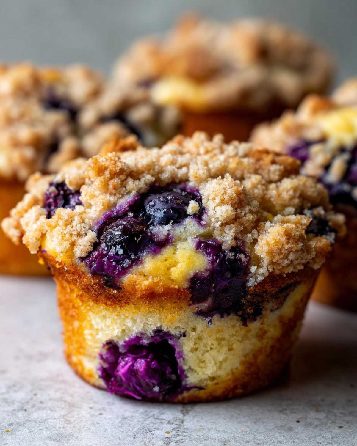Close-up of a moist blueberry muffin featuring a rich crumb topping and bursting purple blueberries.