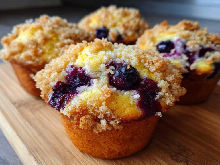 Close-up of moist blueberry muffins topped with a golden crumb topping, featuring visible baked blueberries.