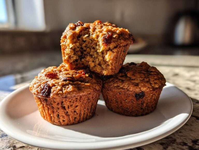 Three moist bran muffins, one broken open to show the texture, stacked on a white plate.