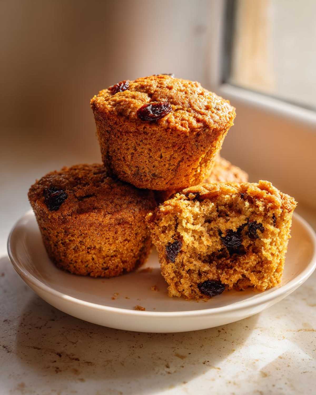 Close-up of three moist bran muffins, one broken open showing raisins inside, stacked on a small white plate.