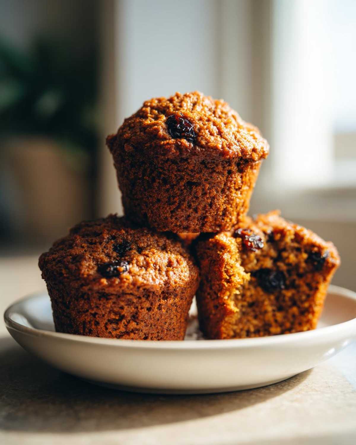 Three delicious, moist bran muffins stacked on a small plate, one cut open showing raisins inside.