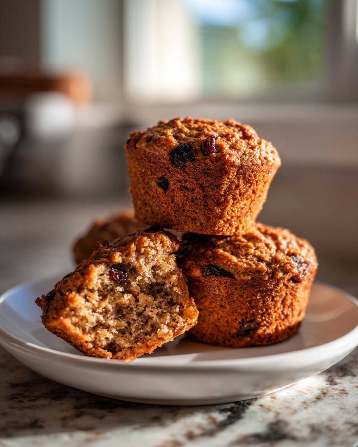 A stack of three golden-brown bran muffins, one cut in half showing the moist interior with raisins.