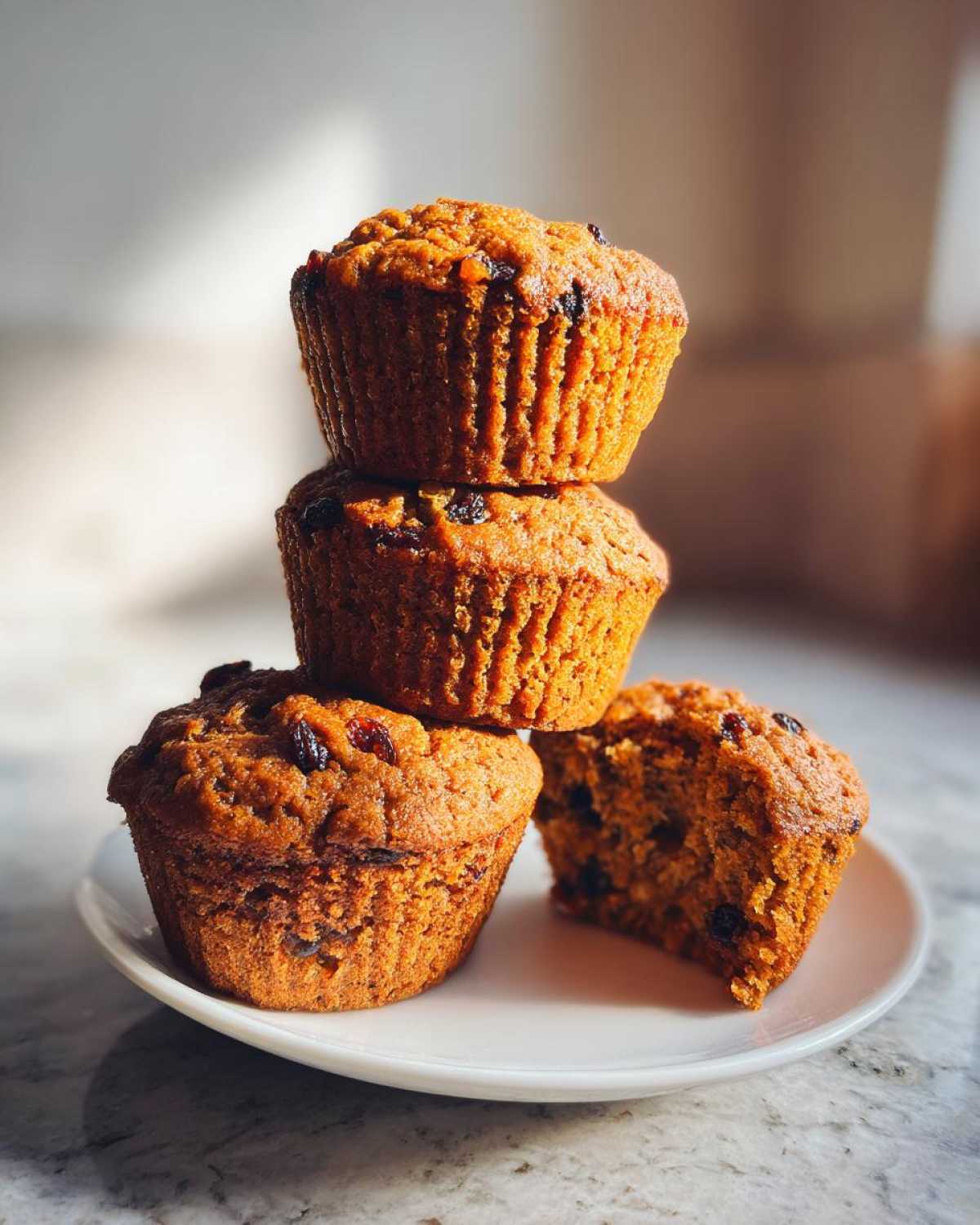 Three whole bran muffins stacked, with one bran muffin broken open showing the moist interior and raisins.
