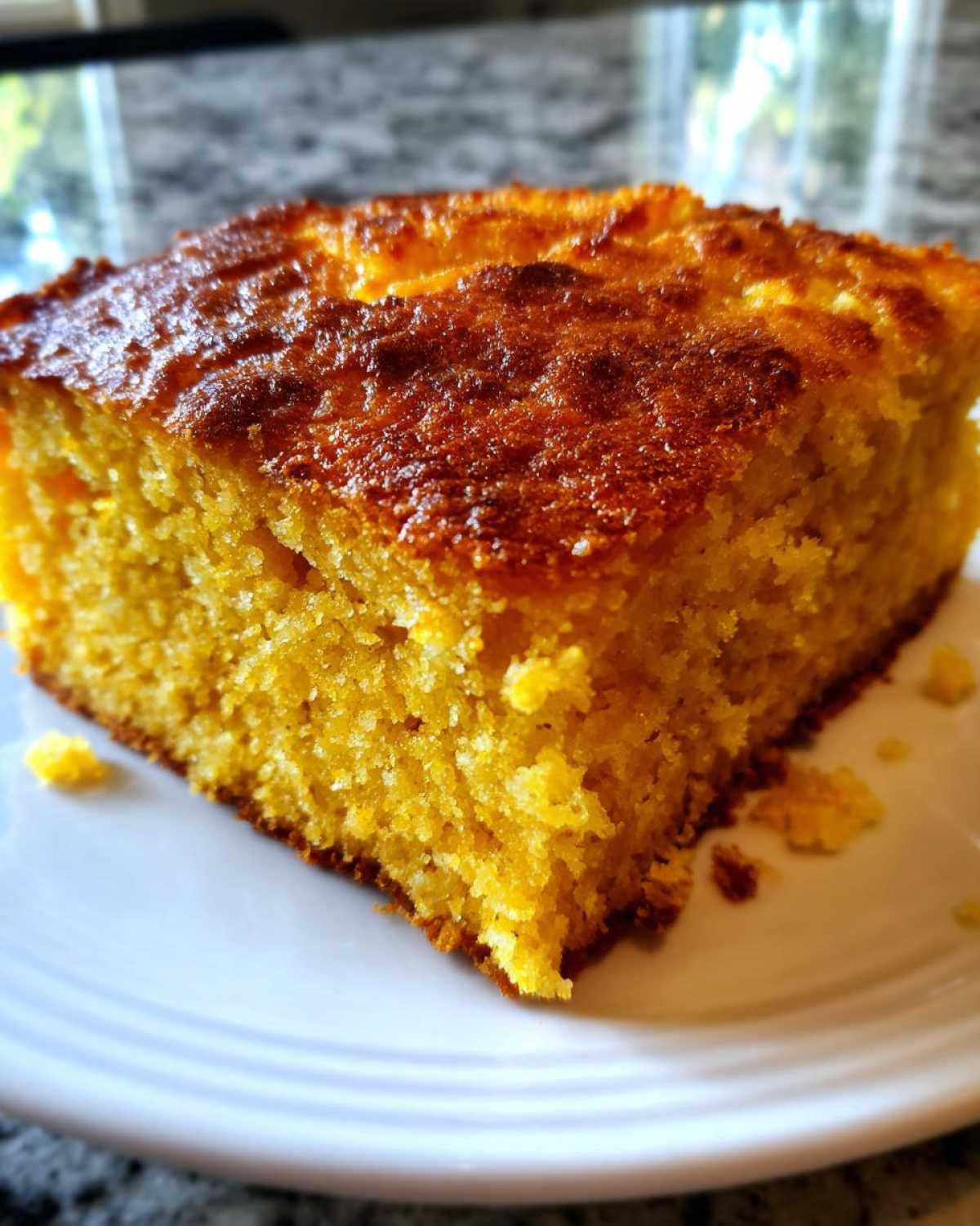 Close-up of a square slice of moist buttermilk cornbread showing its golden, slightly browned top crust on a white plate.