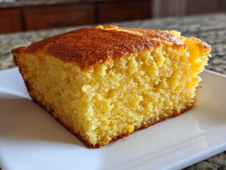 A close-up of a square slice of moist buttermilk cornbread showing its yellow crumb and golden-brown top crust.