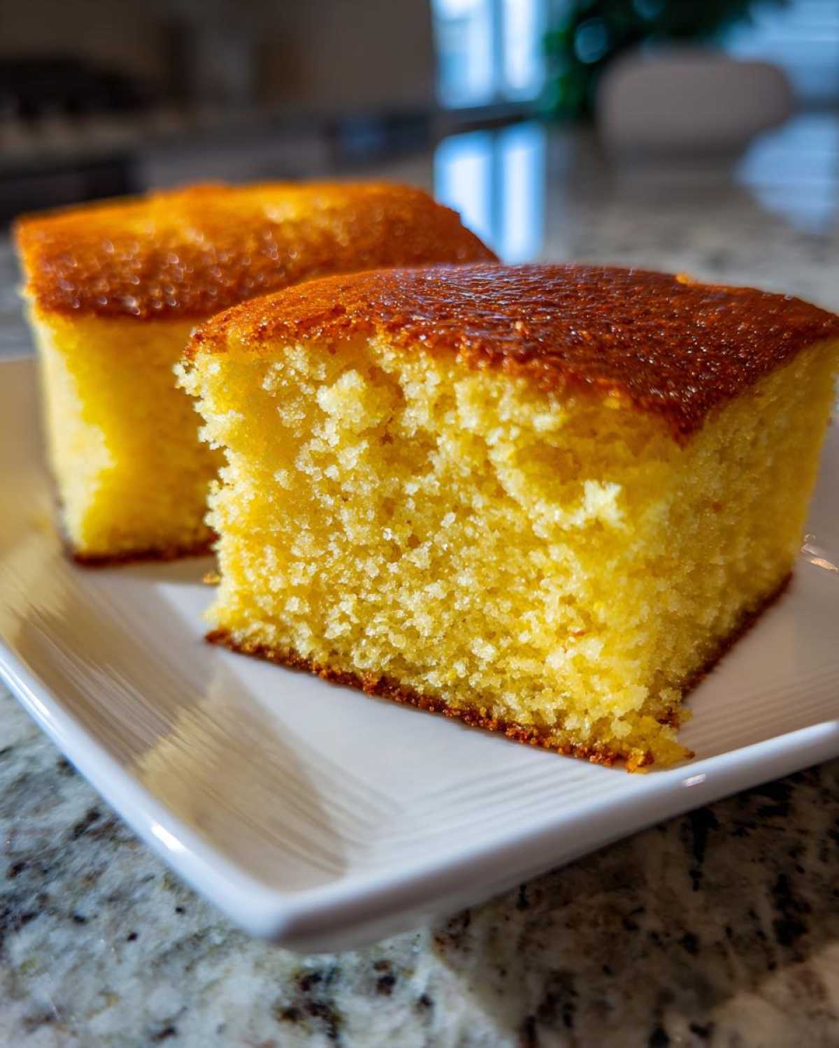 Close-up of two moist slices of golden buttermilk cornbread with a browned crust on a white rectangular plate.