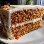 A close-up of a moist slice of carrot cake recipe layered with thick cream cheese frosting.
