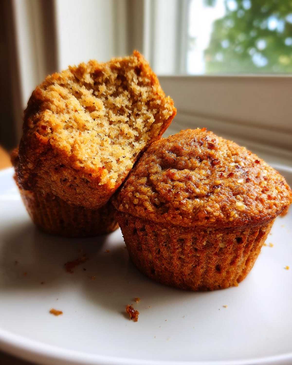 Close-up of two golden brown honey bran muffins, one broken open showing the texture.