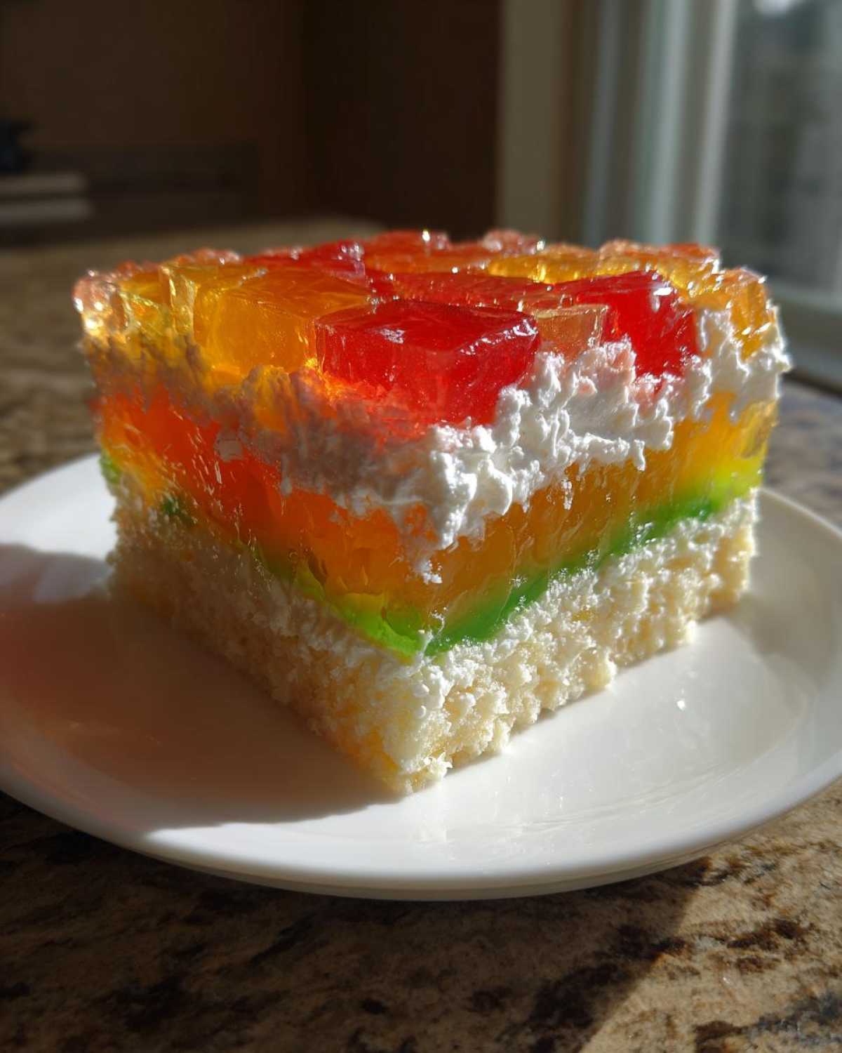A colorful slice of jello poke cake showing layers of white cake, cream, and cubed, brightly colored gelatin.