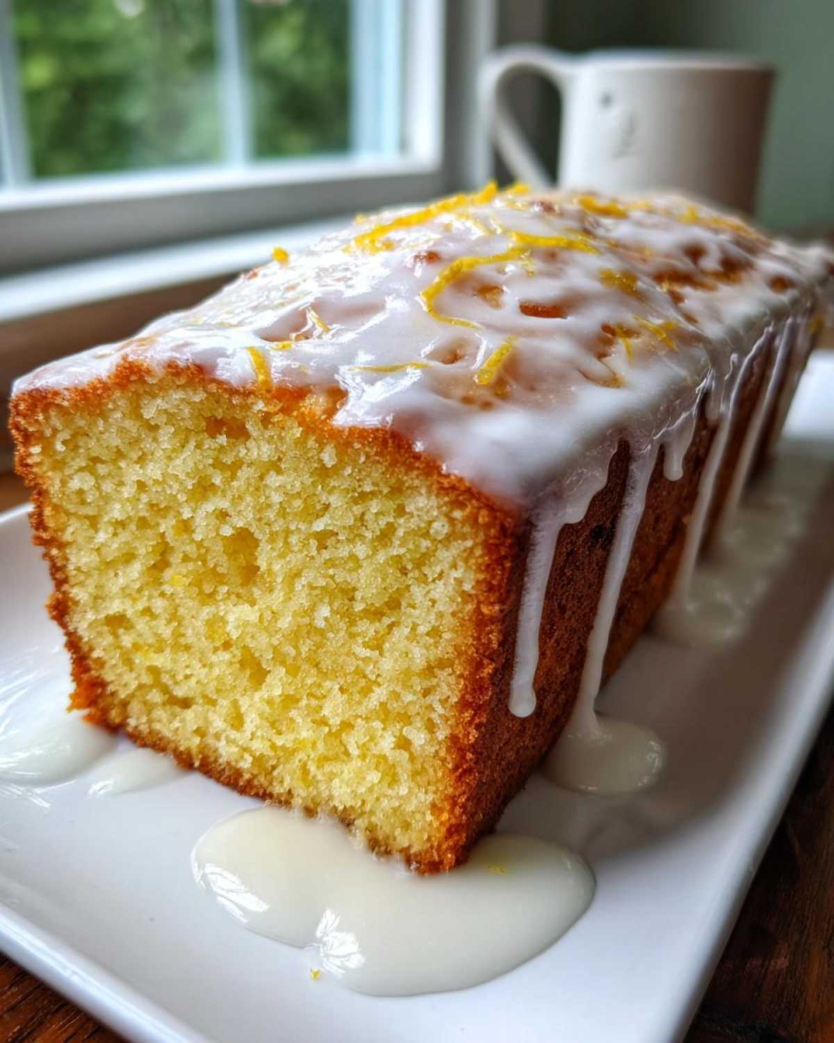 A close-up of a slice of moist lemon pound cake topped with white glaze and lemon zest.