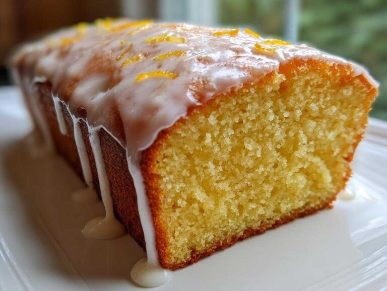 Close-up of a slice of moist lemon pound cake topped with white glaze and lemon zest.