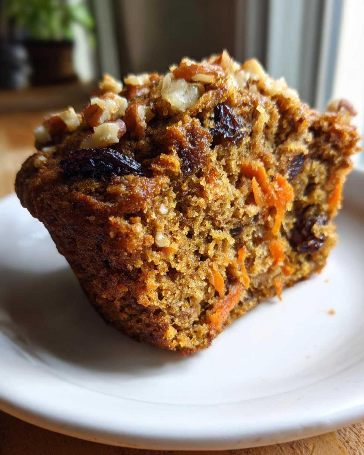 Close-up of a moist morning glory muffin half showing carrots, raisins, and pecans on top.