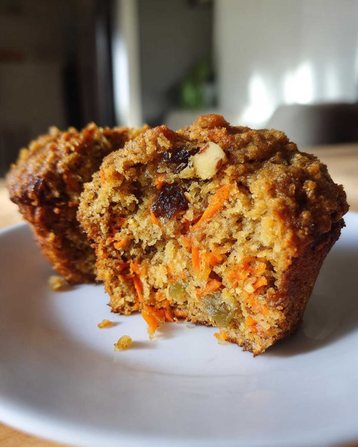 Close-up of a moist morning glory muffin cut in half, showing shredded carrots, raisins, and nuts.