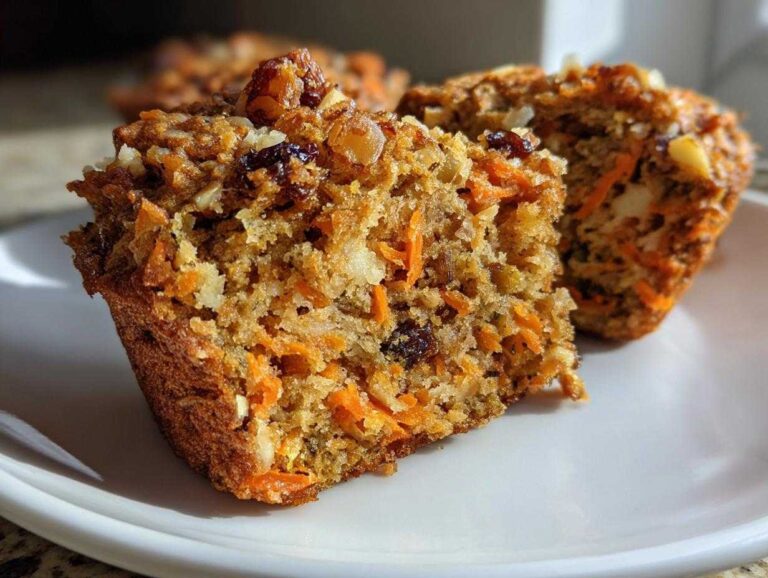 Amazing 12 Moist morning glory muffins Close-up of a moist morning glory muffin cut in half, showing shredded carrots, nuts, and raisins throughout the crumb.