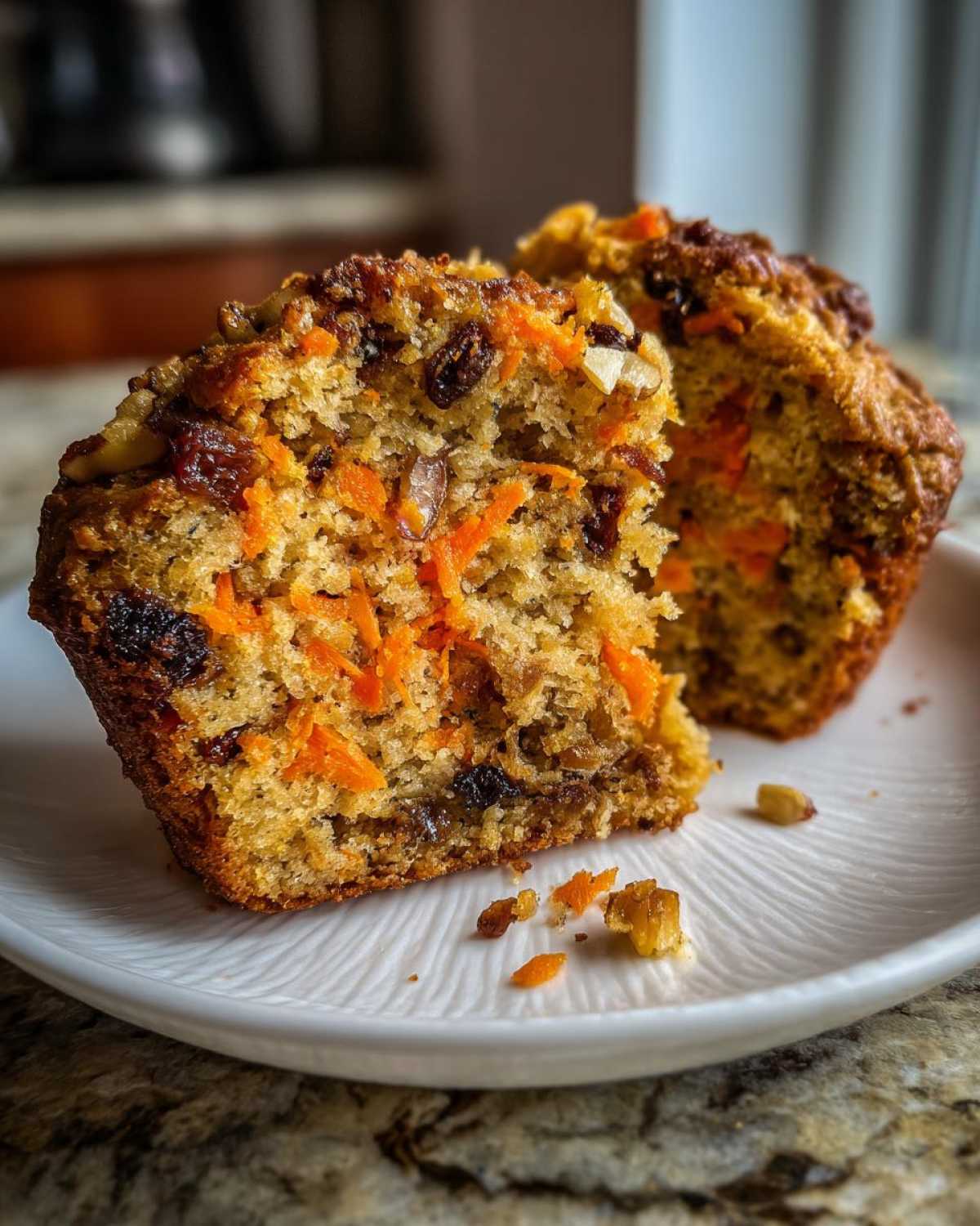 Close-up of a morning glory muffin cut in half, showing shredded carrots, raisins, and nuts inside.
