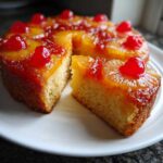 A slice cut from a moist pineapple upside down cake, topped with caramelized pineapple rings and maraschino cherries.