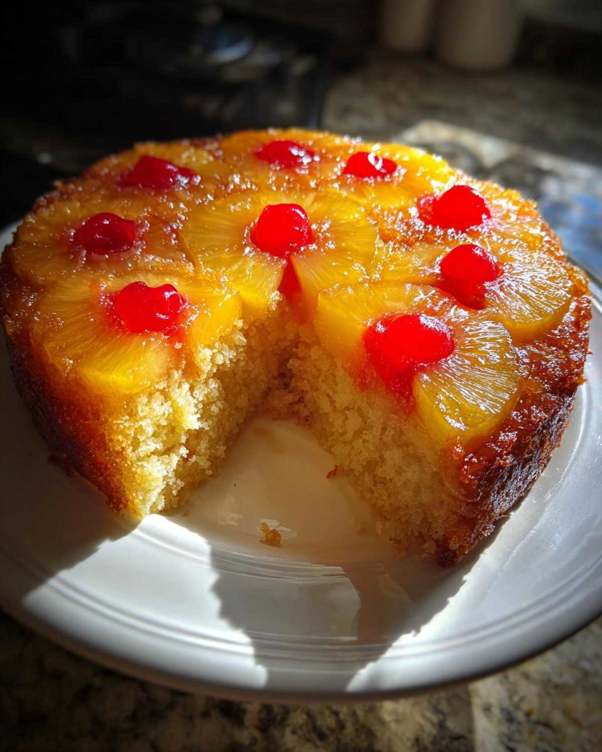 A moist pineapple upside down cake with a slice taken out, showing the fluffy interior and caramelized topping.