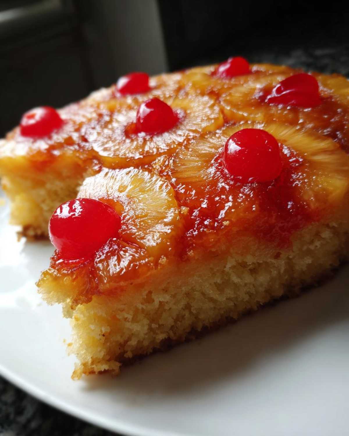Close-up of a moist slice of pineapple upside down cake topped with caramelized pineapple rings and maraschino cherries.