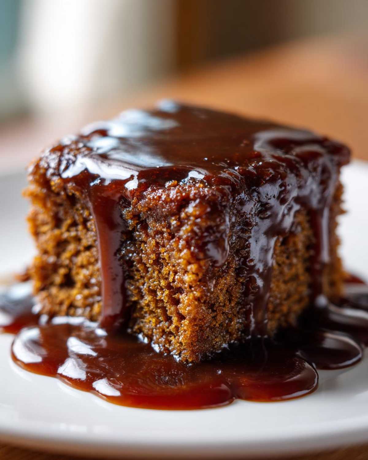 Close-up of a square slice of moist sticky toffee pudding recipe drenched in rich, dark toffee sauce.
