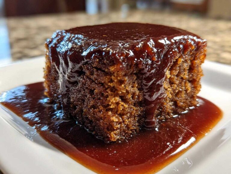 Close-up of a rich, moist slice of sticky toffee pudding recipe covered in dark toffee sauce.