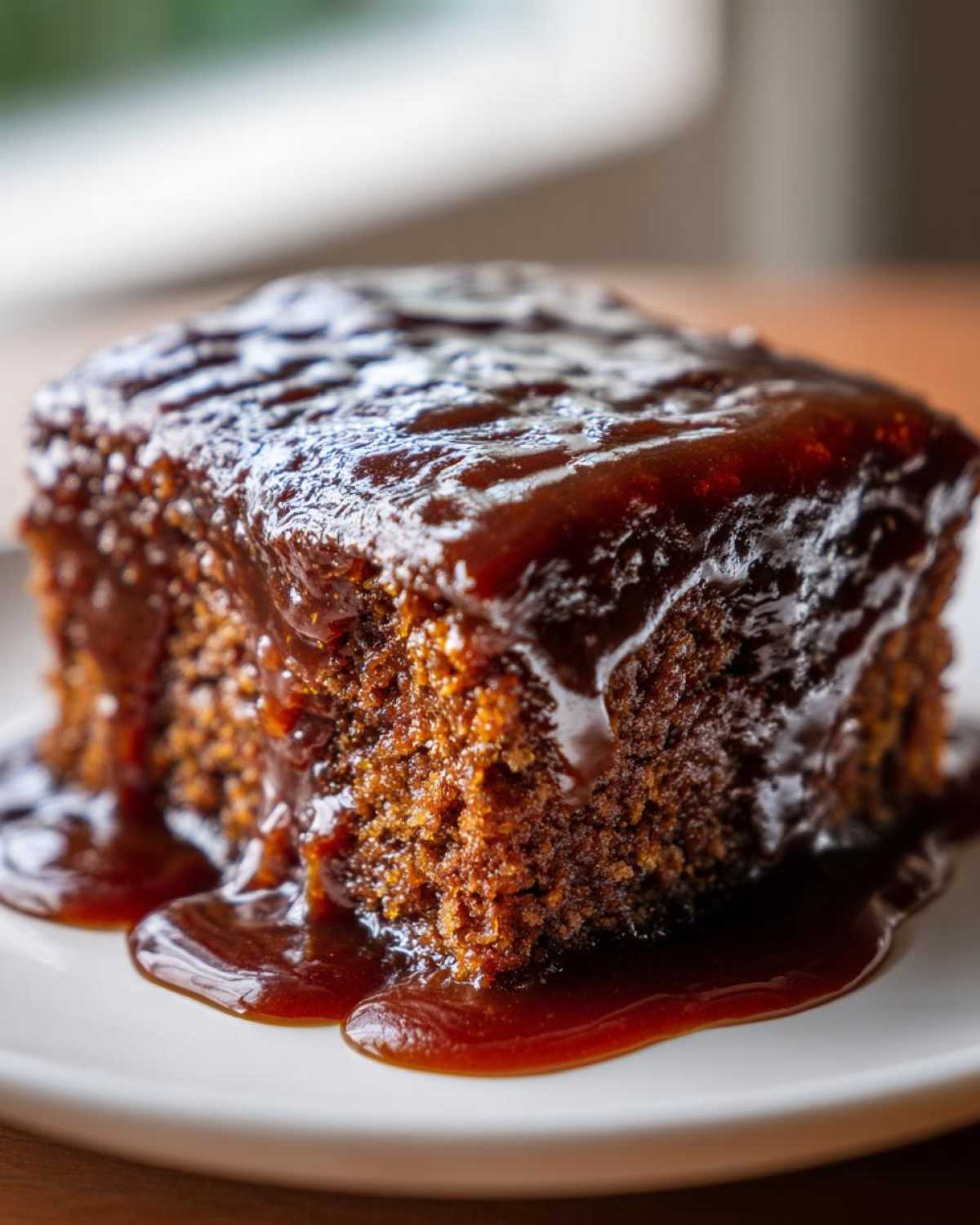 A square slice of moist sticky toffee pudding recipe cake drenched in rich toffee sauce.