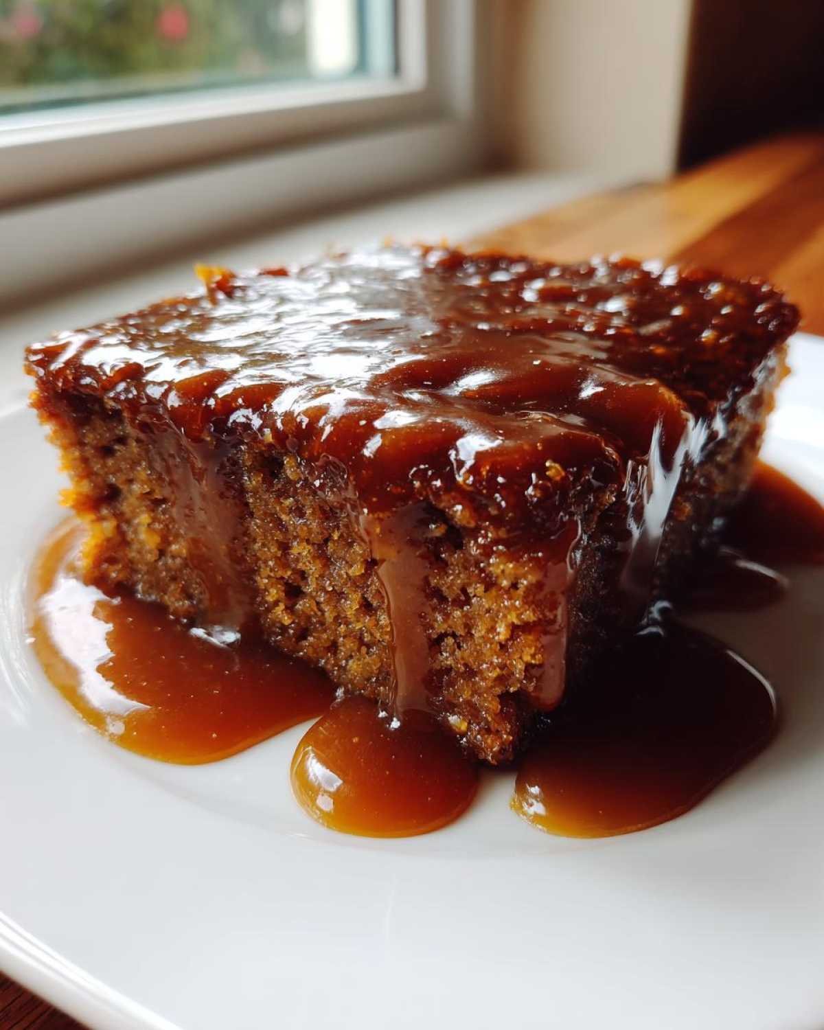 A close-up of a square slice of moist sticky toffee pudding recipe covered in rich toffee sauce.
