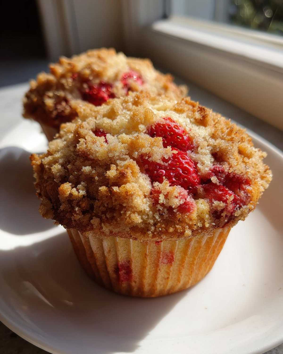 Close-up of a moist strawberry muffin topped with a generous brown sugar crumb topping, sitting on a white plate.