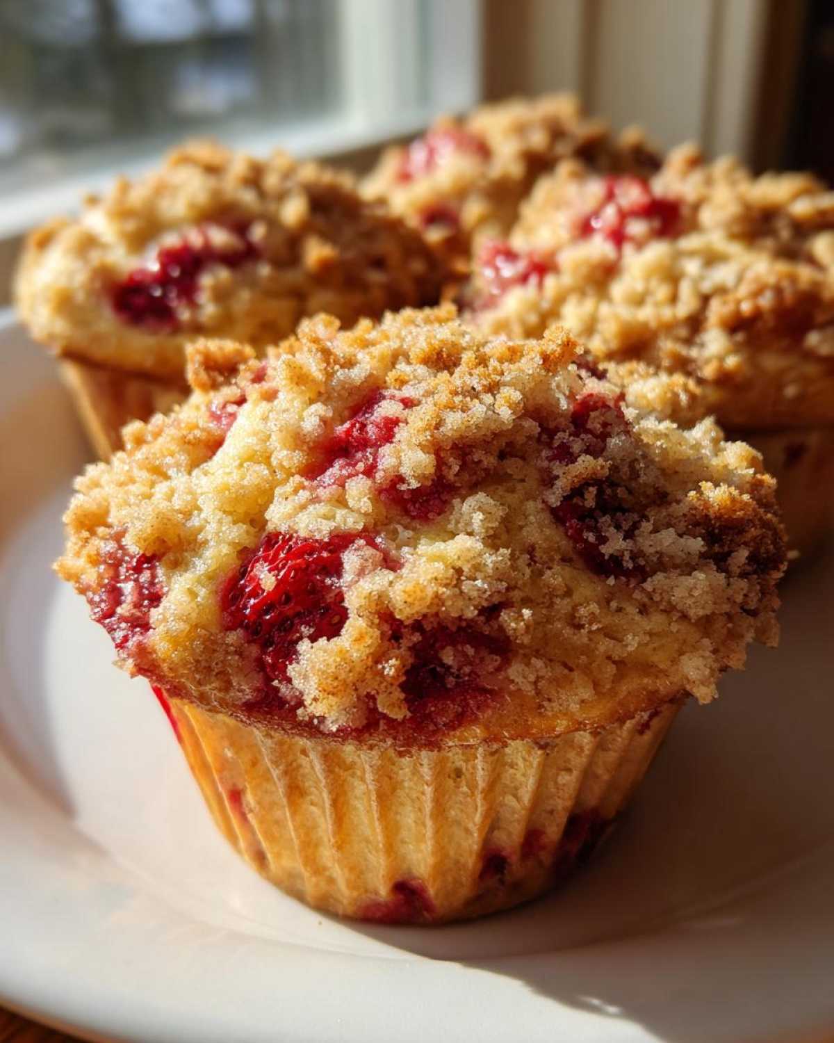 Close-up of a moist strawberry muffin topped with golden brown streusel, featuring visible chunks of red strawberry.