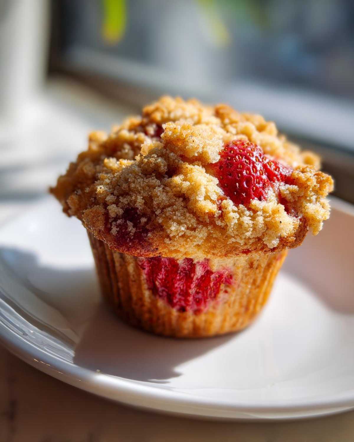 A close-up of a moist strawberry muffins topped with a generous layer of golden streusel crumb topping.