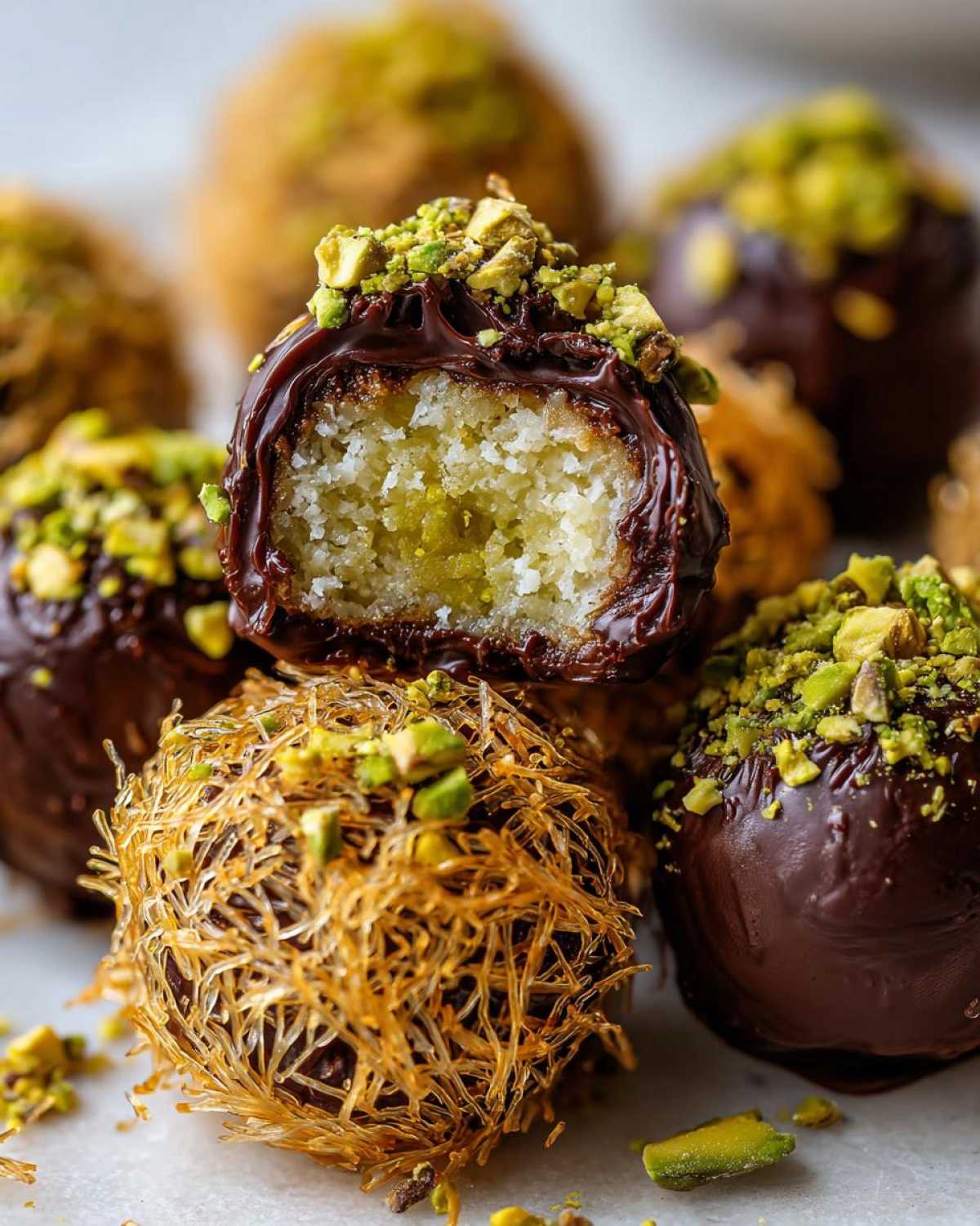 Close-up of a cross-section of a no-bake dubai chocolate ball showing the white filling, dipped in chocolate and topped with crushed pistachios.