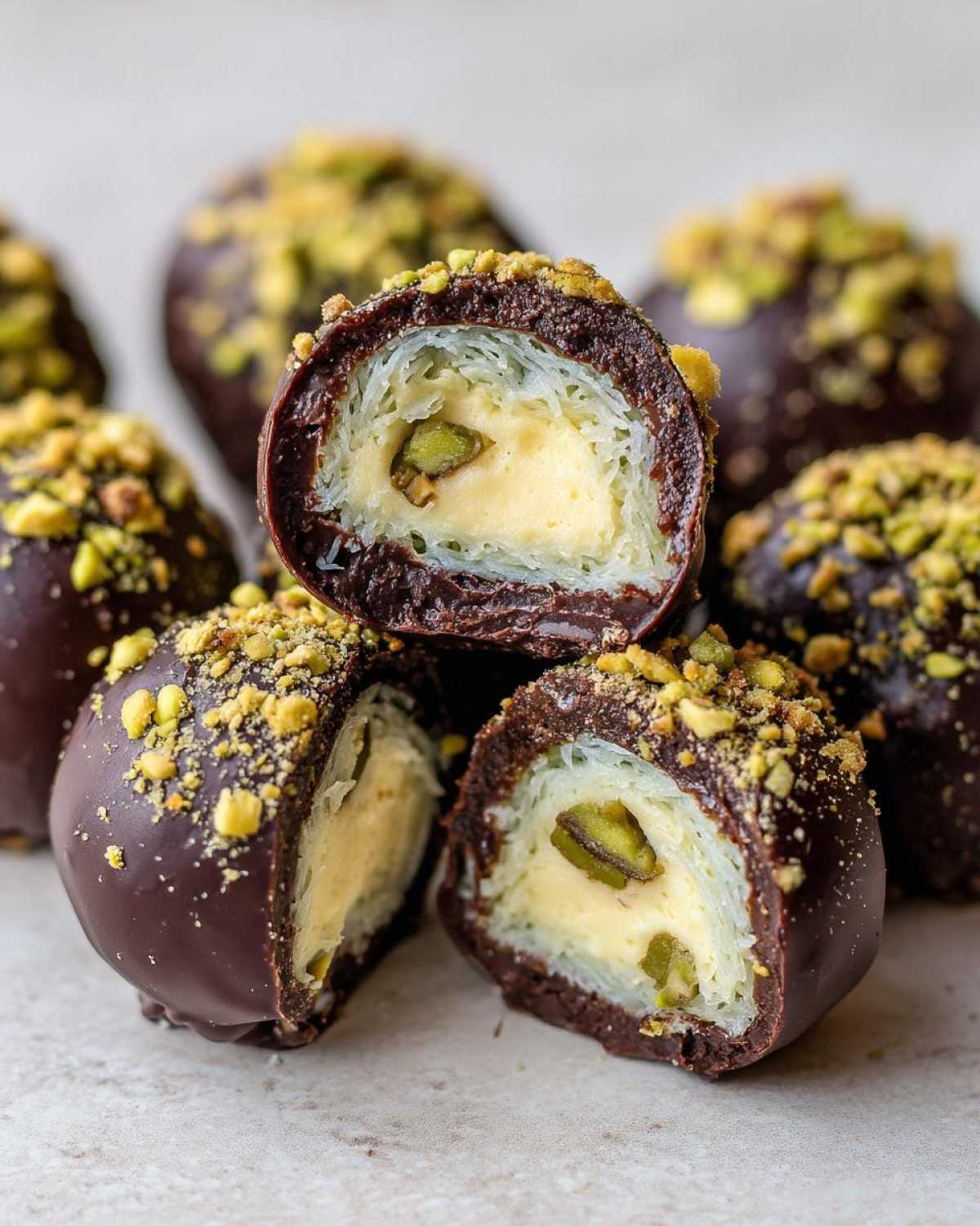 Close-up of a halved dubai chocolate balls showing a creamy center, shredded pastry layer, and a whole pistachio, coated in dark chocolate and topped with crushed nuts.