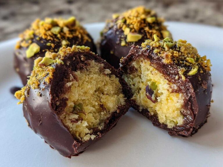 Close-up of a no-bake dubai chocolate balls cut in half showing the cake interior and dark chocolate coating topped with crushed pistachios.