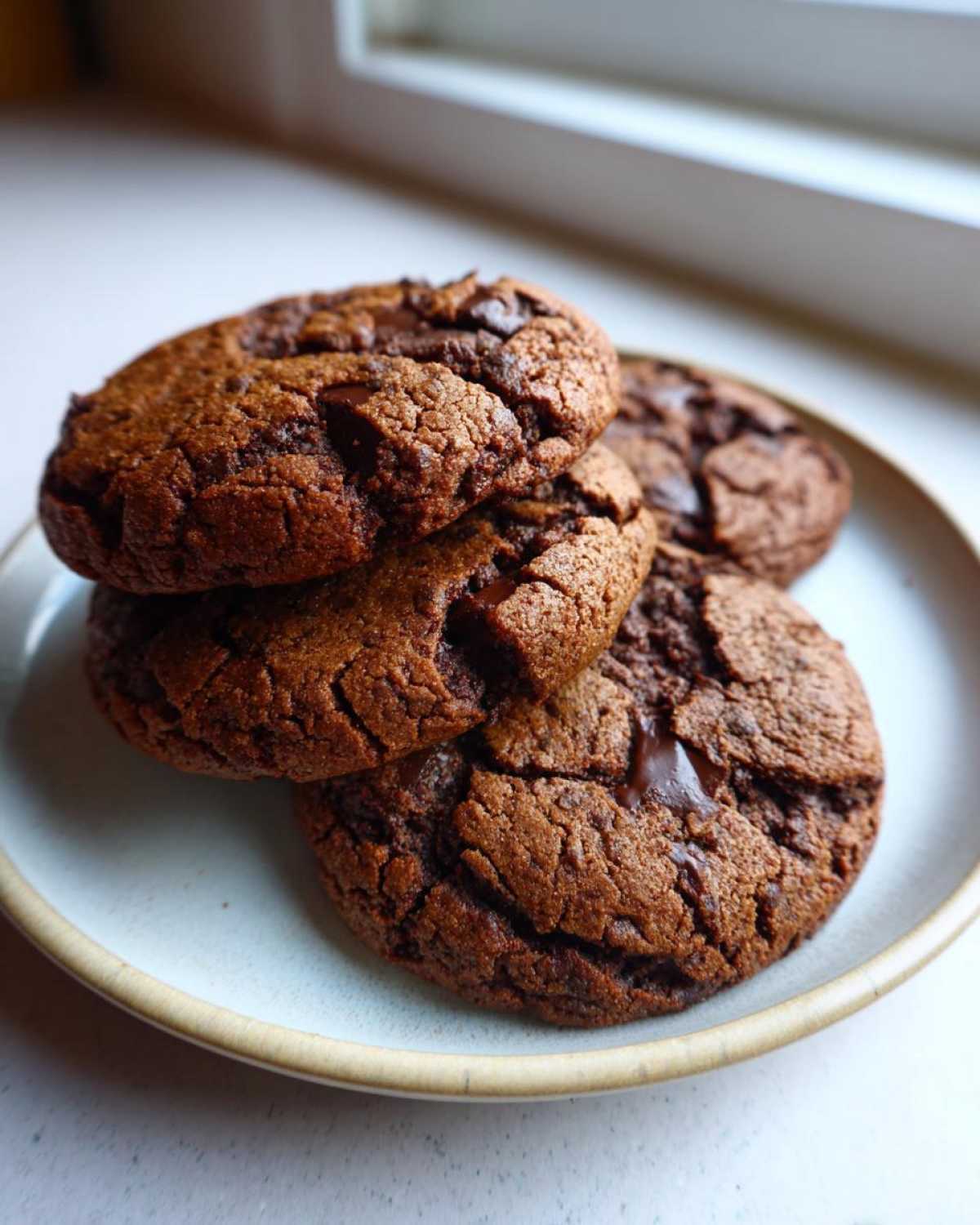 Close-up of four rich, dark vegan chocolate chip cookies stacked on a light blue plate.