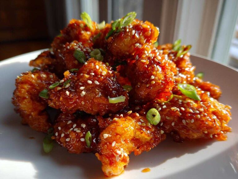 Amazing 30-Minute orange chicken recipe Close-up of crispy, glazed pieces of orange chicken recipe, garnished with sesame seeds and sliced green onions.